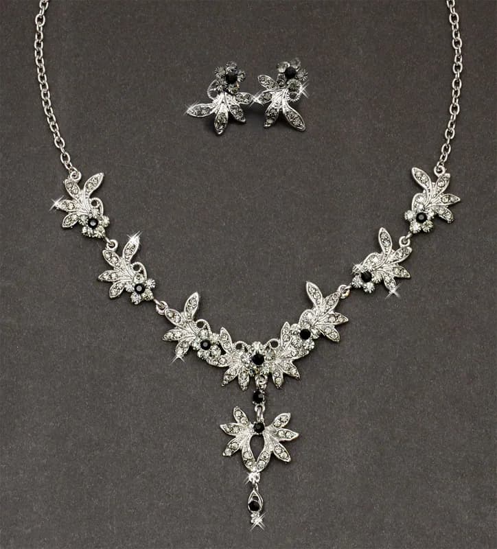 Schmuckset Hochzeit Collier Ohrringe Silberfarbe Schwarz Blumen Strass Halskette