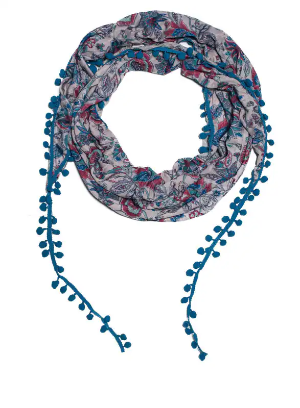 Schal Halstuch Blumen Muster Bommeln Quasten Baumwolle leicht Boho Fransen Tuch