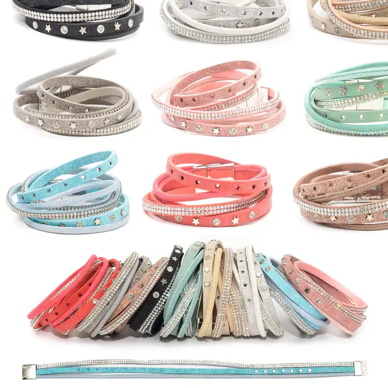 Wickelarmband 3 Stränge Strass Sterne Nieten Kunstleder Armband Magnetverschluss
