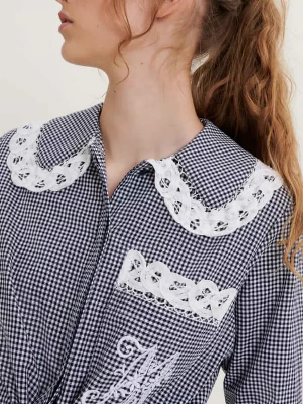 Maje Bluse Blau Kariert Gr. 36 Damen Hemd Stickerei Karohemd MFPCM00267