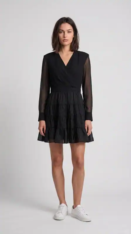 Sandro Damen fließendes Kleid Schwarz Materialmix Größe 36 FR SFPRO02680
