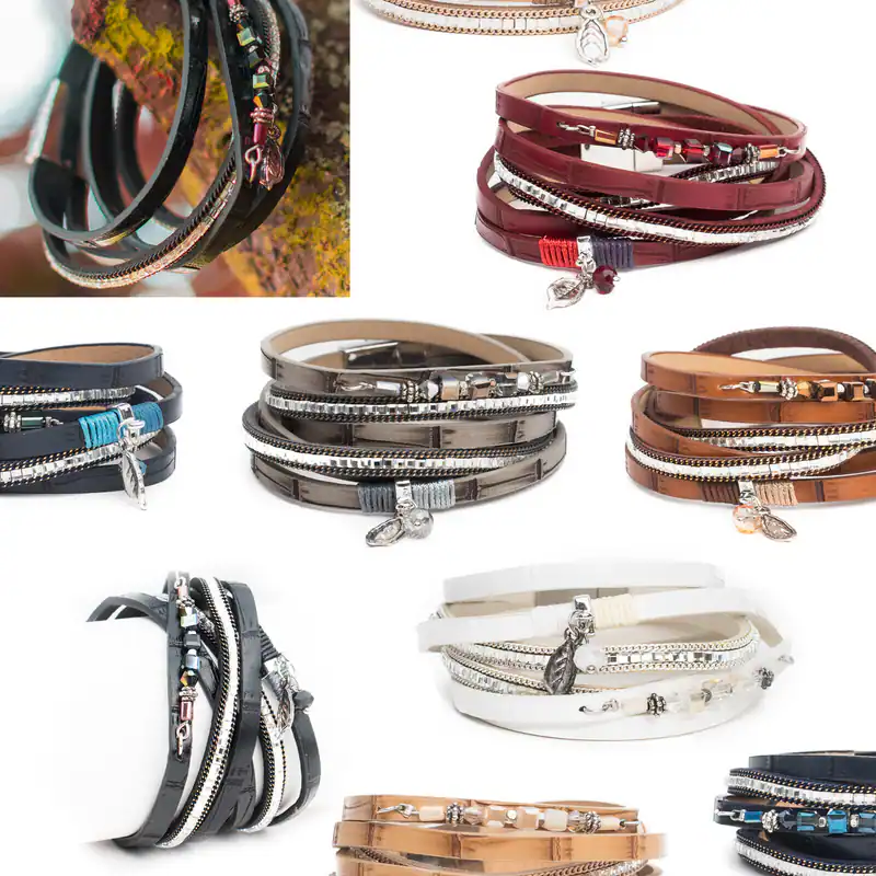 Wickelarmband mehrreihig mit Strass Perlen Anhänger Magnetverschluss Armband