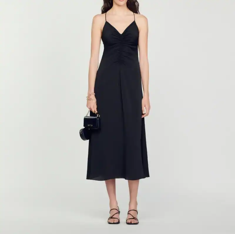 Sandro Kleid Schwarz Gr. 38 FR / M Damen Rückenausschnitt Midi SFPRO01853