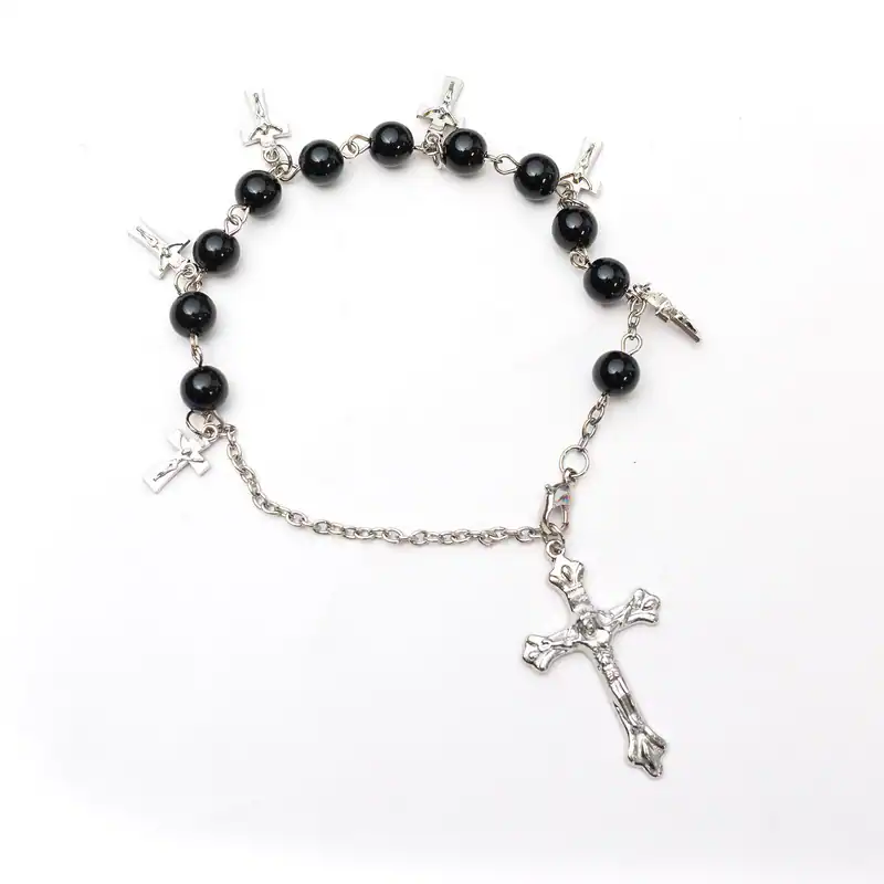 Rosenkranz Armband Schwarz Silberfarben mit Kreuz Perlenarmband Männer Frauen