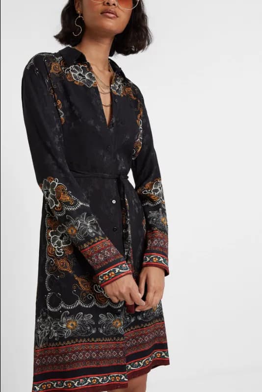 Desigual Kleid Schwarz Gr. 42 / XL Damen Viskose Hemdblusenkleid Floral 19WWVW34