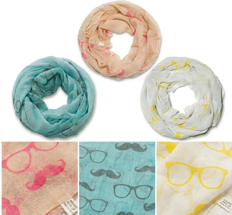 Damen Loop Schal Viskose Brille Schnurrbart Muster Rundschal Tuch Halstuch