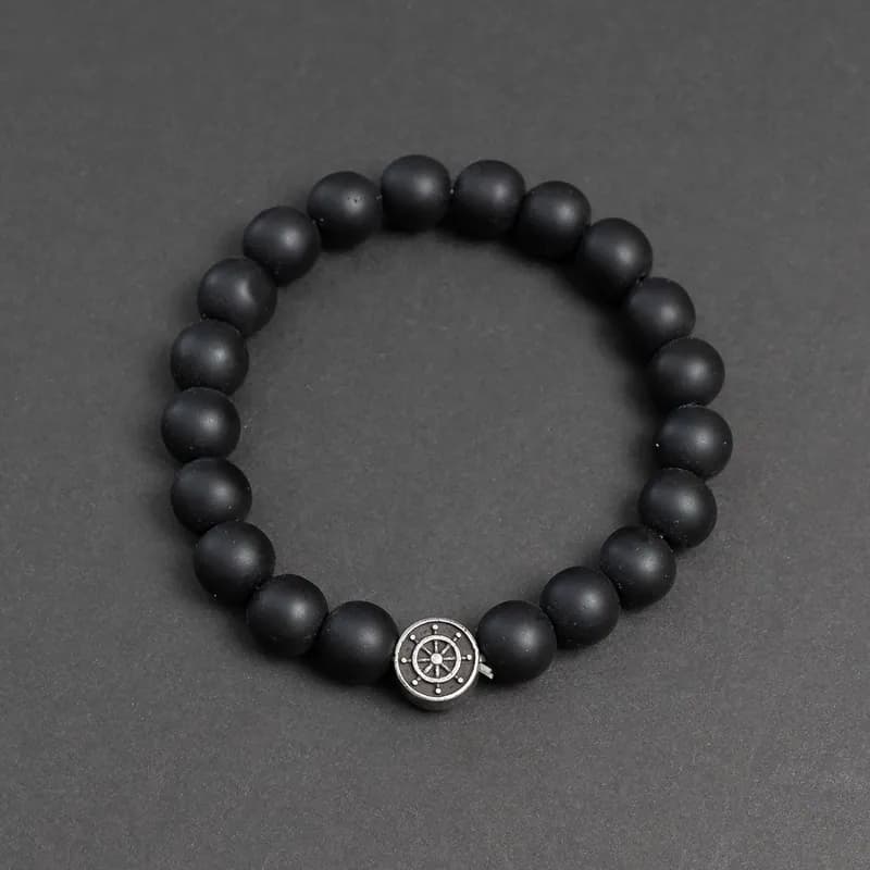 Armband Perlenarmband Schwarz mit Edelstahl Kompass Stretch Herren Kugelarmband