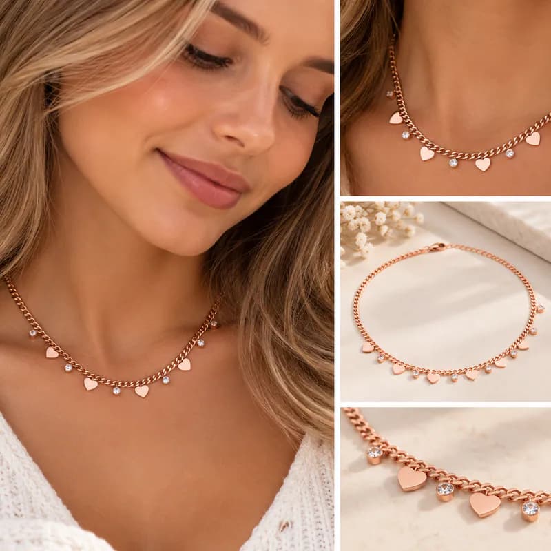 Damen Edelstahl Halskette mit Herz Strass Anhänger Kette Roségoldfarben Geschenk