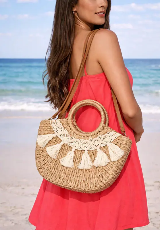 Boho Strandtasche Korbtasche geflochten Reißverschluss Sommer Tasche Beach Bag