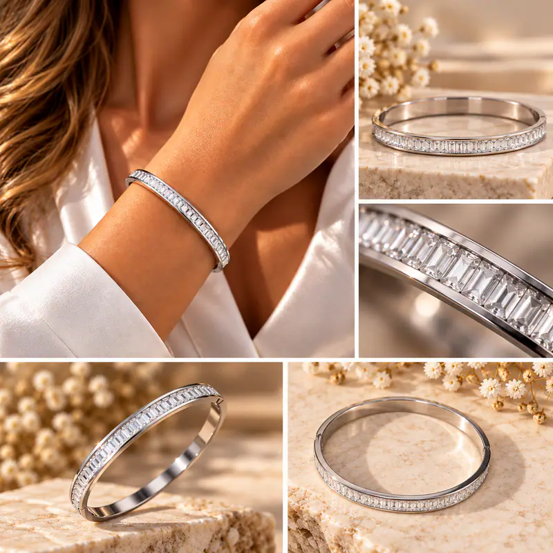 Edelstahl Armreif Damen Armband Baguette-Stil Strass Silberfarbe Klappverschluss