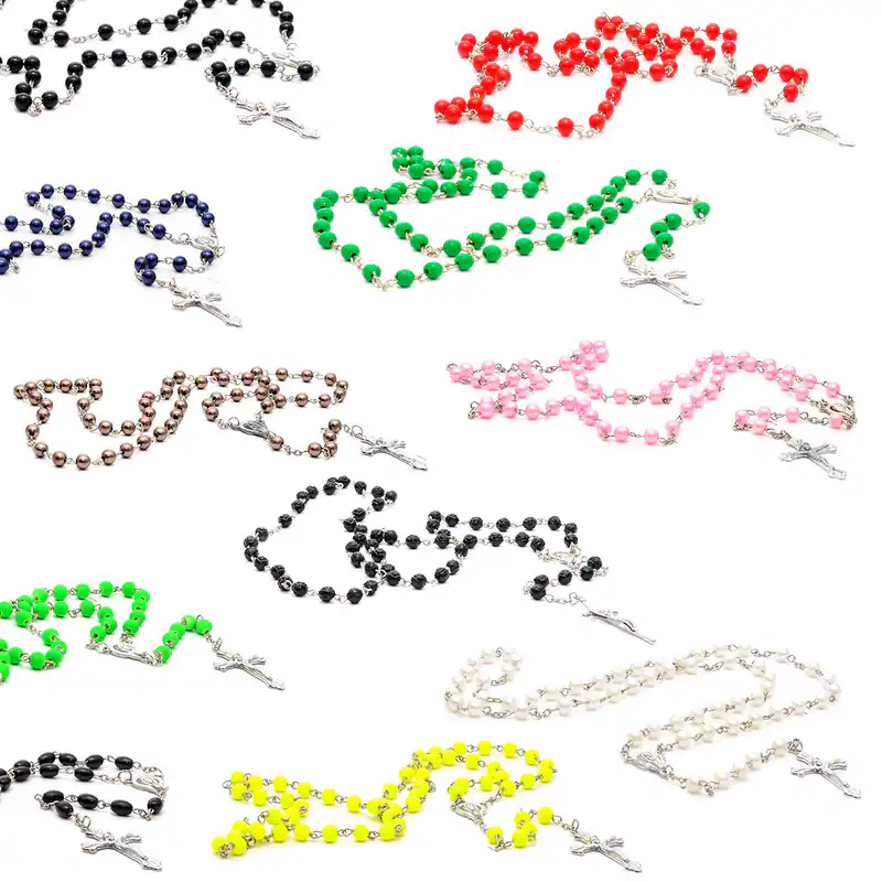 Rosenkranz Kreuz Perlen Halskette Maria Kreuzkette Schmuck Unisex viele Farben