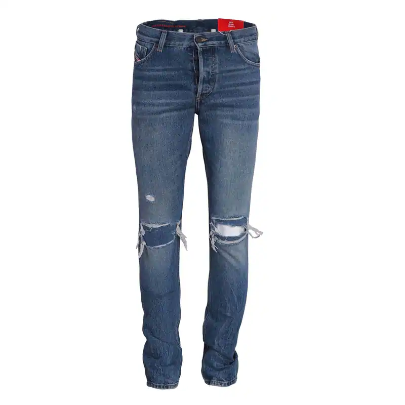 Diesel Men's Pants Jeans Slim Fit Straight Mid Waist Ripped Knees Blue 09E02