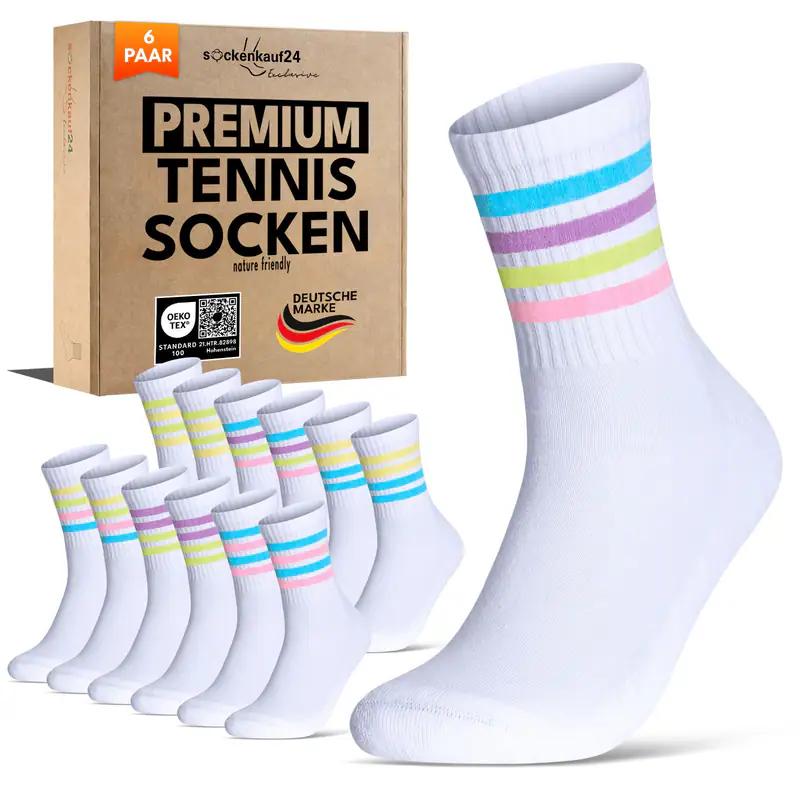 Damen Tennissocken Retro Sportsocken Baumwolle Bunte Streifen (6 | 12 | 24 Paar)