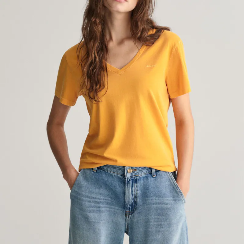 GANT Damen T-Shirt Gelb Kurzarm V-Ausschnitt Logo Baumwolle Gr. XS