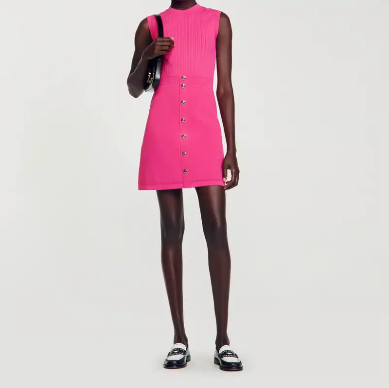 Sandro Kleid Rosa Gr. 42 FR / XL Damen Strickkleid Knöpfe Mini SFPRO02745