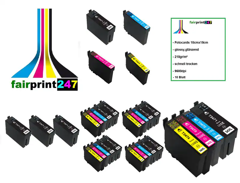 Patronen ersetzt Epson 34 34XL kompatibel XXL-Füllmenge TOP oder Fotopapier
