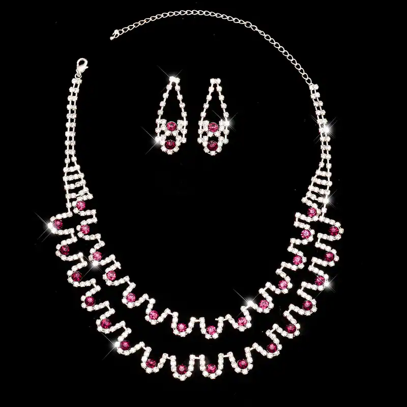 Schmuckset Collier mit Ohrringe Brautschmuck Halskette Lila Silberfarben Schmuck