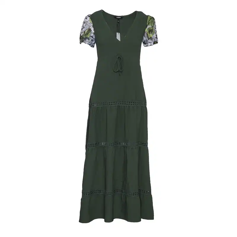 Desigual Kleid Dunkelgrün Maxi Bestickt Tüll Ärmel Boho Frühling Gr XS 34