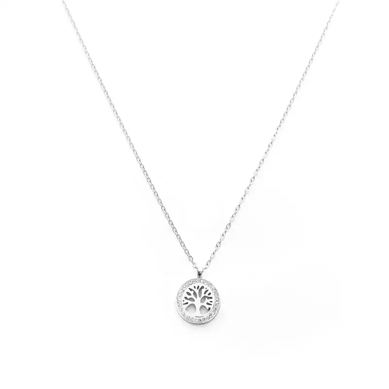 Edelstahl Halskette Lebensbaum Anhänger Strass Tree of Life Kette Silberfarben