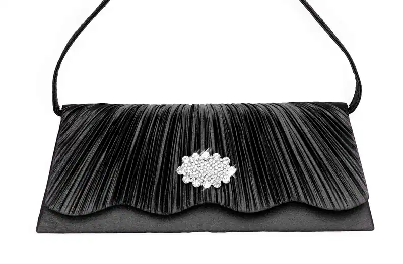 Damen Clutch Abendtasche Elegant Schwarz Strassbrosche Raffungen Schultertasche