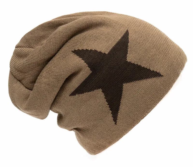Beanie Strickmütze Feinstrick gefüttert Braun mit Stern Damen Herren Wintermütze