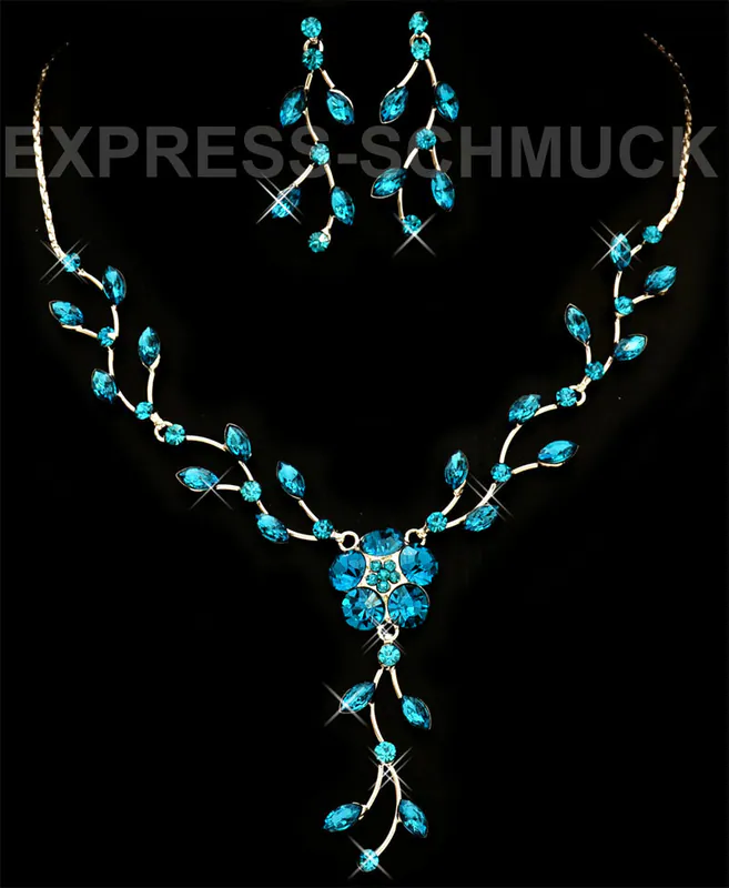 Schmuckset mit Blumen Muster Collier Halskette Blau Ohrringe Strass Silberfarben