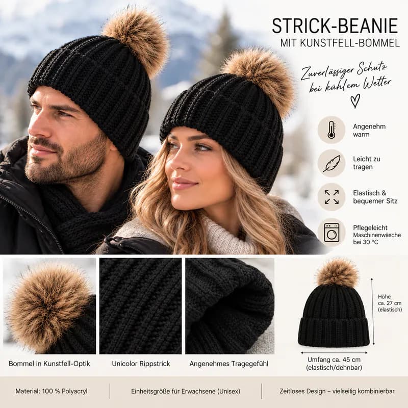 Bommelmütze Damen Herren Beanie Schwarz Bommel Mütze Strickmütze Wintermütze