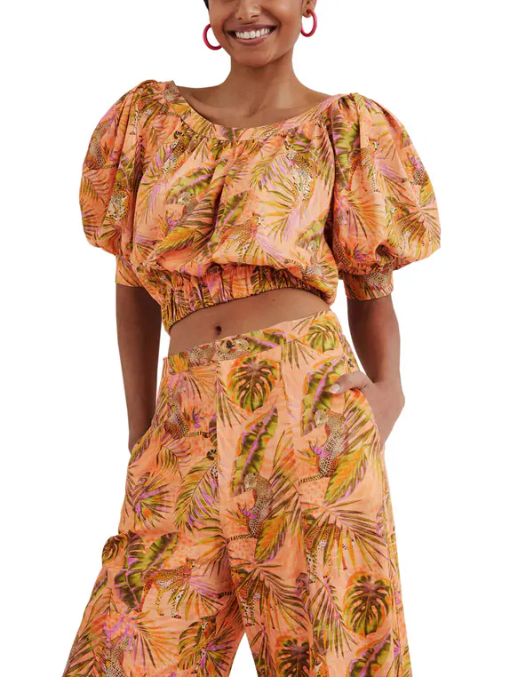 Desigual Damen Bluse Orange Floral Animal Print Puffärmel 22SWBW32