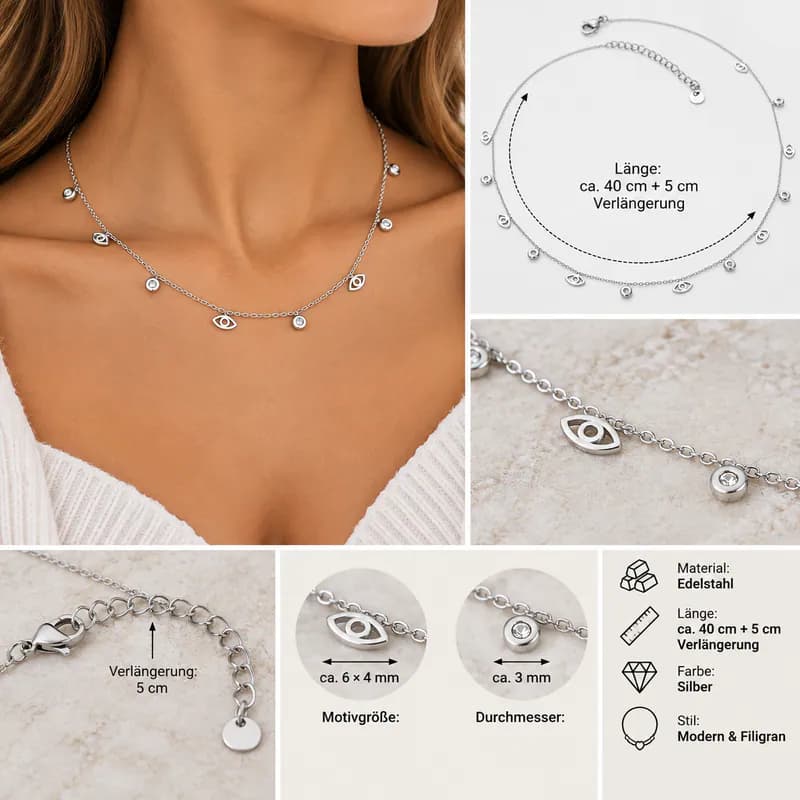 Edelstahl Halskette Strass Evil Eye Auge Nazar Kette schlicht Silberfarben Damen