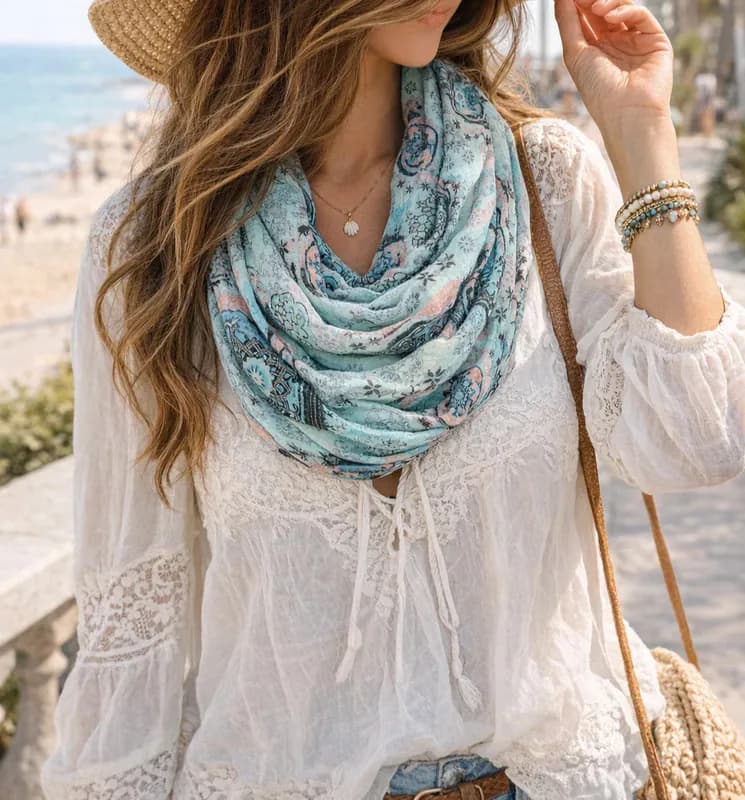 Damen Loop Schal Halstuch mit Blumen Paisley Muster Frühling Sommer Tuch leicht