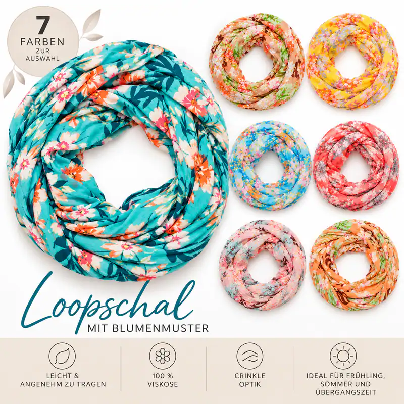 Loopschal Blumenmuster Damen Schal Rundschal Viskose Crinkle Sommer Tuch Floral