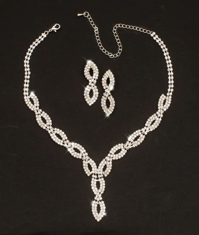 Collier + Ohrringe Strasssteine Schmuckset Brautschmuck Gala Party Silberfarben