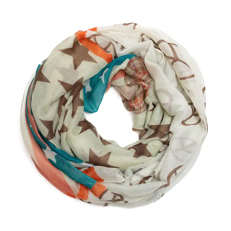 Loopschal mit Peace Star Sternen Muster Halstuch leicht Beige Braun Damen Schal