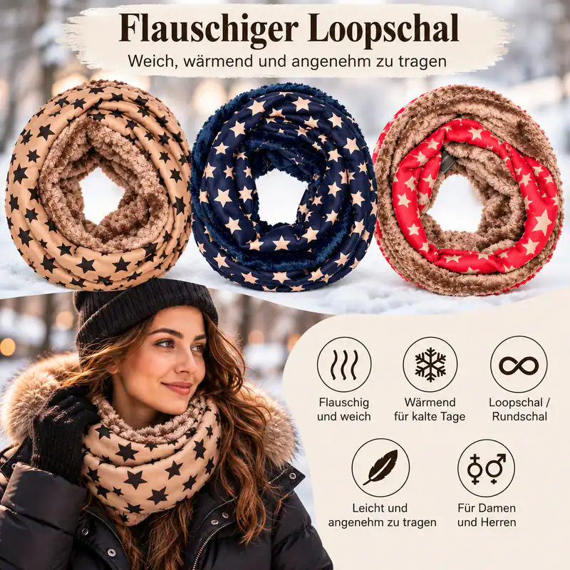 Loopschal Rundschal Sterne-Muster Damen Herren Schal Flauschig Kunstfell-Optik