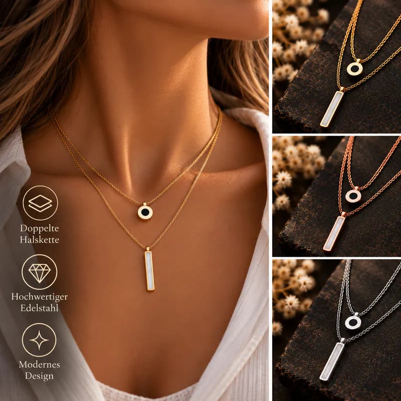 Edelstahl Halskette Damen Doppelkette Kreis Stift 2 Anhänger Layering Kette