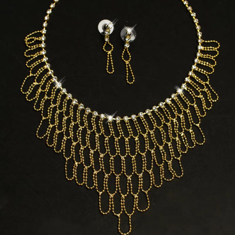 Schmuckset Collier Netz-Design Strass Ohrringe Halskette Goldfarben Modeschmuck