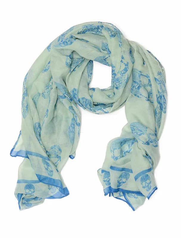 Damen Schal Viskose Totenkopf Muster Blau Mint Skull Print Rock Tuch Halstuch