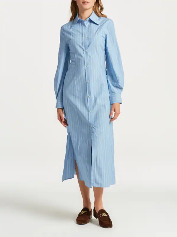 GANT Damen Kleid Blau Gestreift 100% Baumwolle Langarm Hemdblusenkleid Gr. 34 45