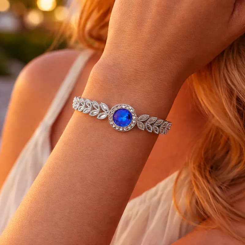 Edelstahl Armband Silberfarben blauem Schmuckstein Strass Damen Armreif elegant