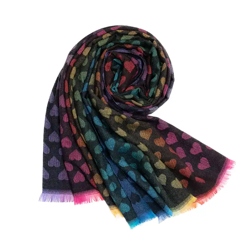 Damen Schal Schwarz mit bunte Herzen Regenbogen Viskose Fransen Halstuch Winter