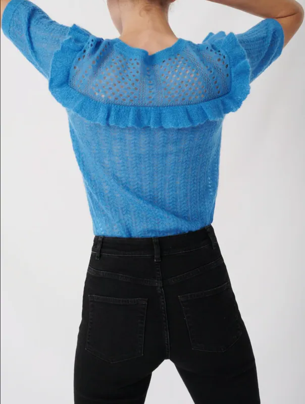 Maje Pullover Blau Gr. 40 FR / L Damen Kurzarm Strickpullover MFPPU00375