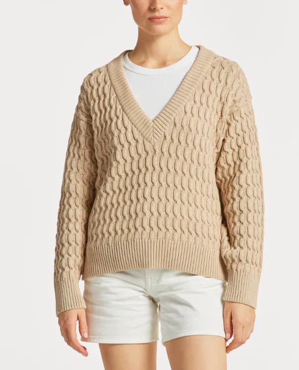 GANT Damen Pullover V-Ausschnitt 100% Baumwolle Strick Beige Gr. XL 4804148