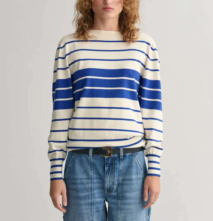GANT Damen Pullover Weiß Gestreift Seidenmix U-Boot-Ausschnitt Gr. M