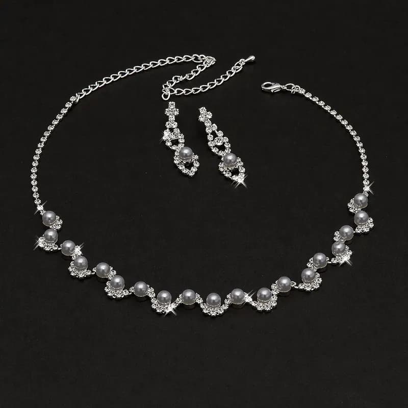 Edles Schmuckset Perlen Grau Strass Collier Ohrringe Kette Hochzeit Braut Ball
