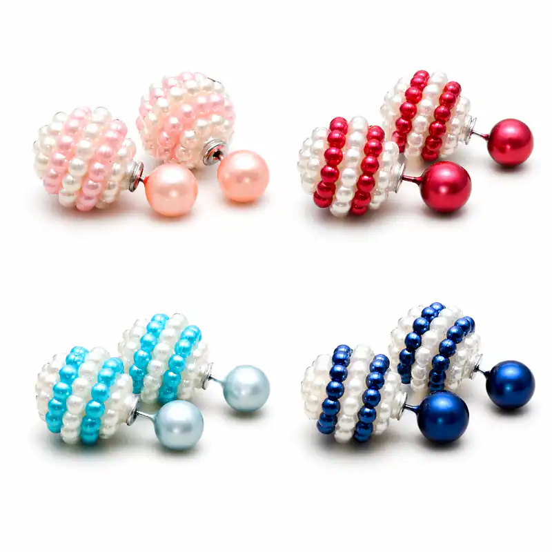 Damen Ohrringe Perlen Doppelperlen Weiß Ohrstecker Tribal Design Ohrschmuck