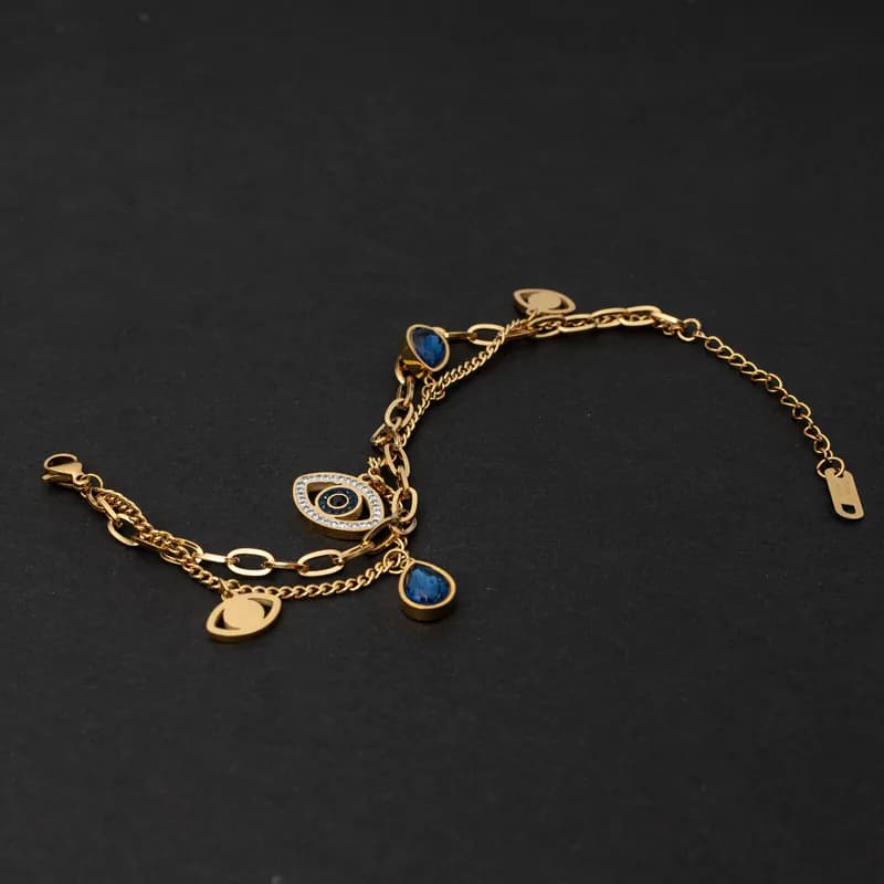 Armband Goldfarbe Evil Eye Edelstahl Armkette zweireihig Nazar Auge Blau Tropfen