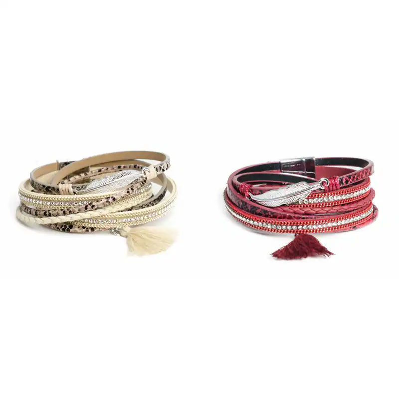 Wickelarmband Damen Strass Kunstleder Armband Leo Muster geflochten Feder Quaste