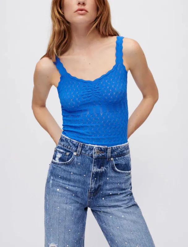 Maje Tanktop Blau Strick Gr. FR 38 M Damen Ärmellos Stretch MFPPU00499