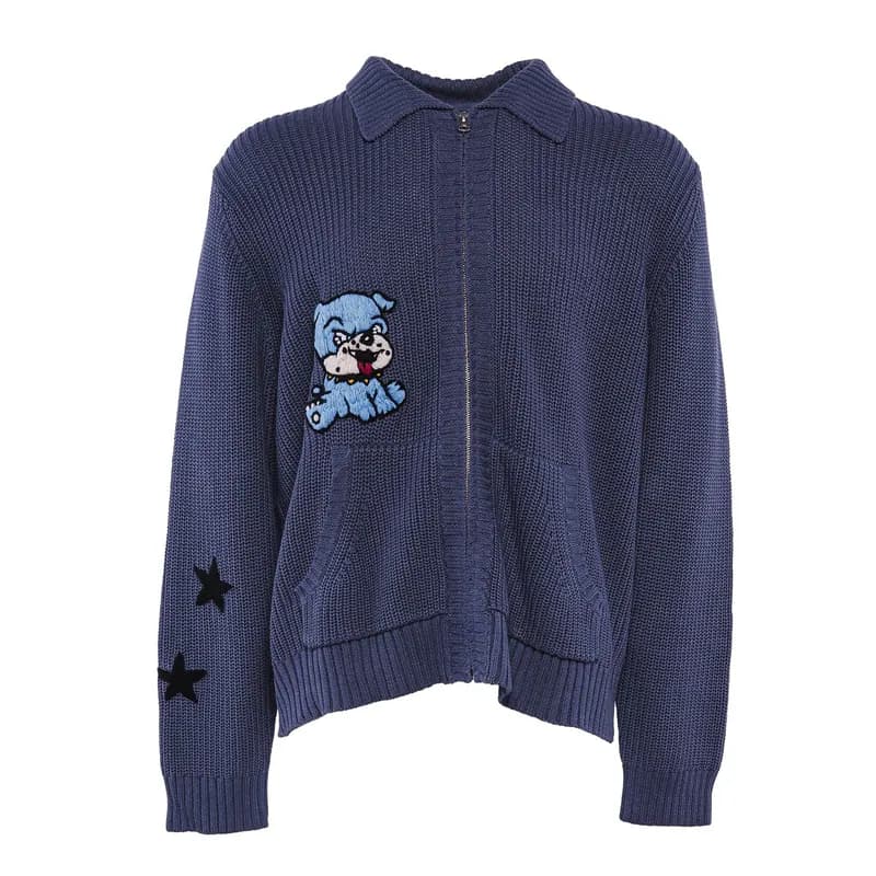 Brain Dead Men's Blue Knit Zip Up Embroidered Linen Cotton Sweater Size L