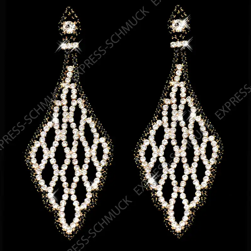 Ohrringe mit Strass Chandelier schwarz goldfarben funkelnder Modeschmuck Neu